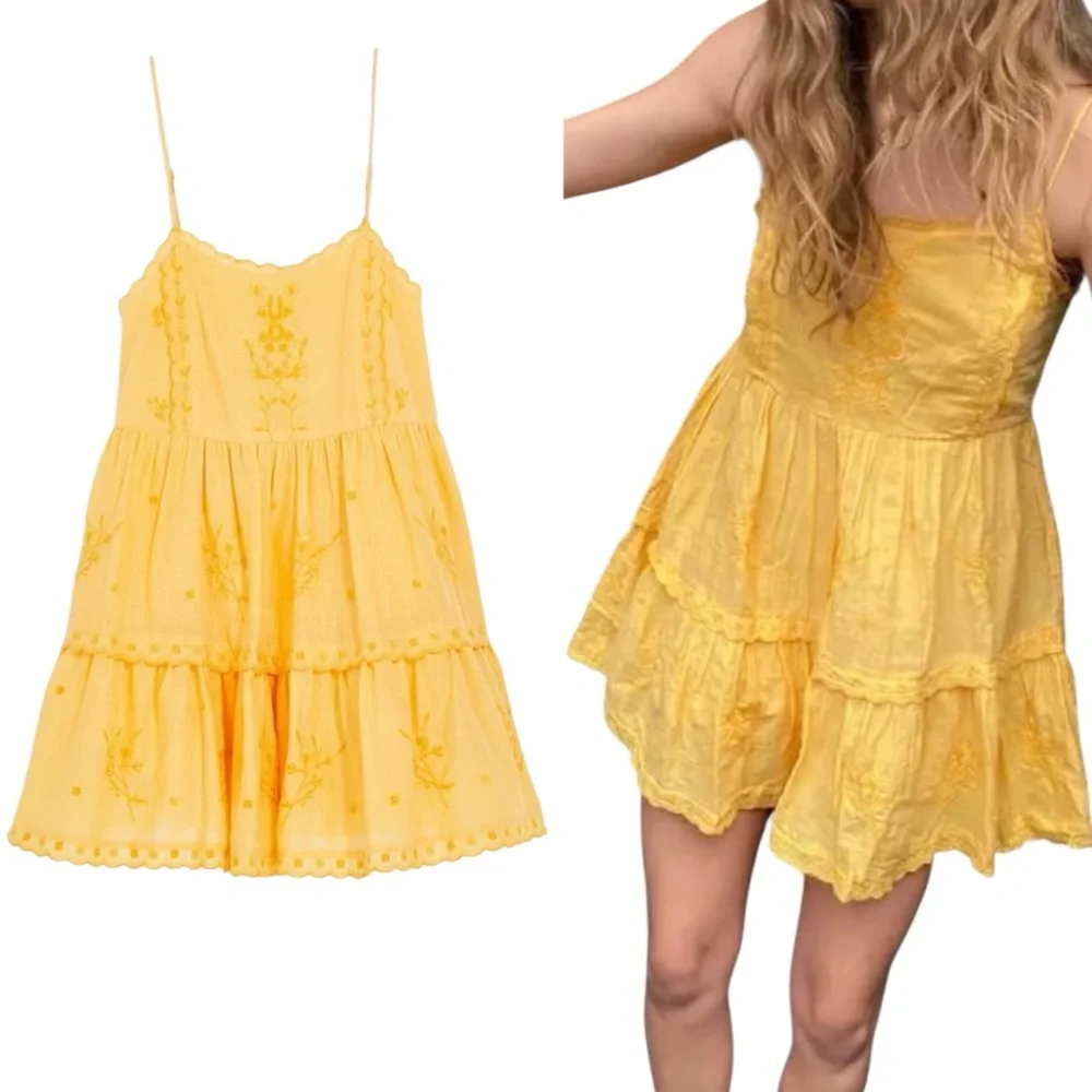 Urban Outfitters Hanna Embroidered Mini Dress Yellow Babydoll Sundress Women’s M - Picture 16 of 17